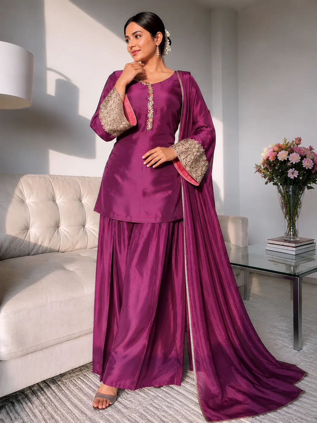 Wine Jacquard Work Embroidered Kurta Pant Set
