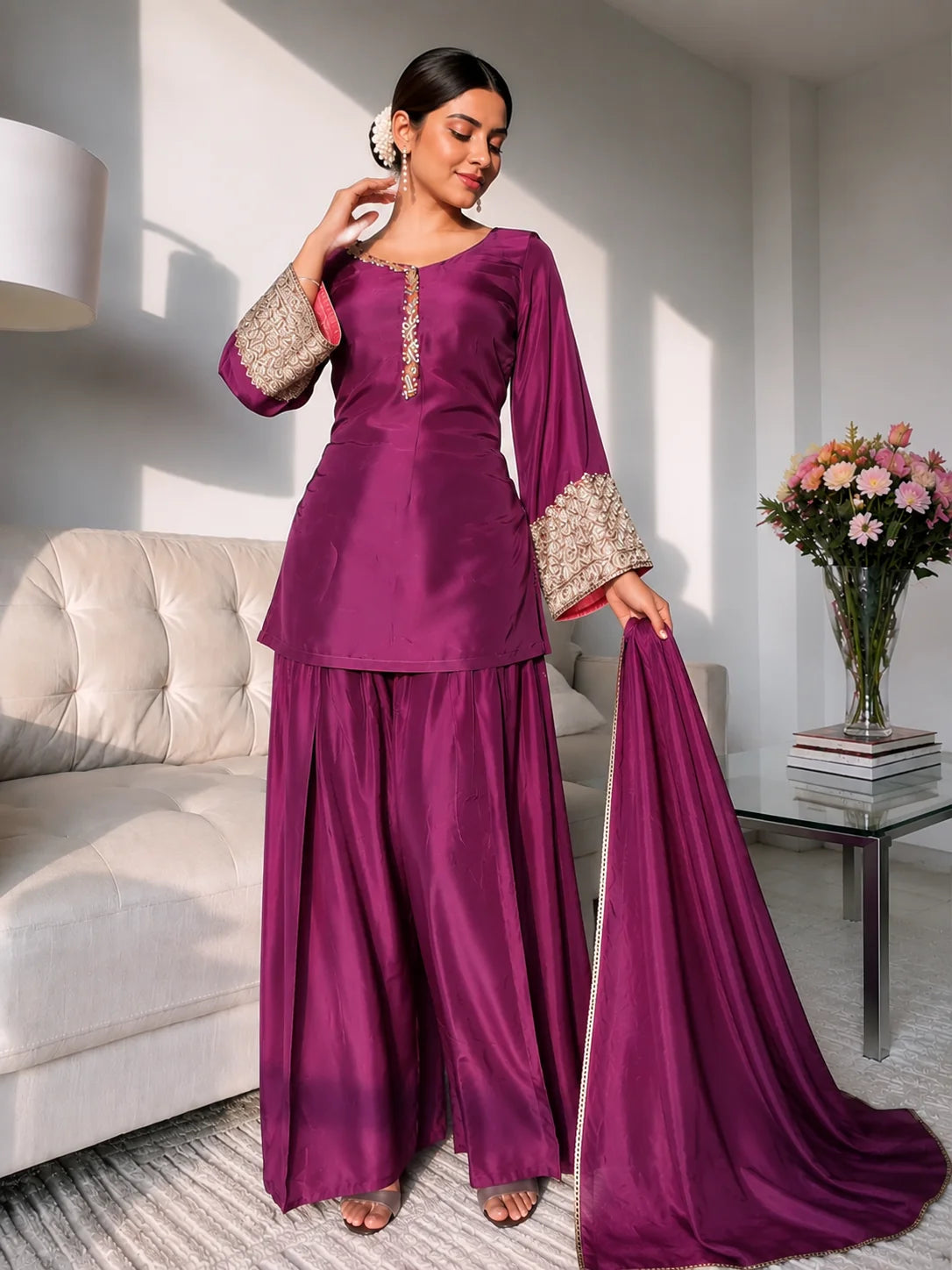 Wine Jacquard Work Embroidered Kurta Pant Set