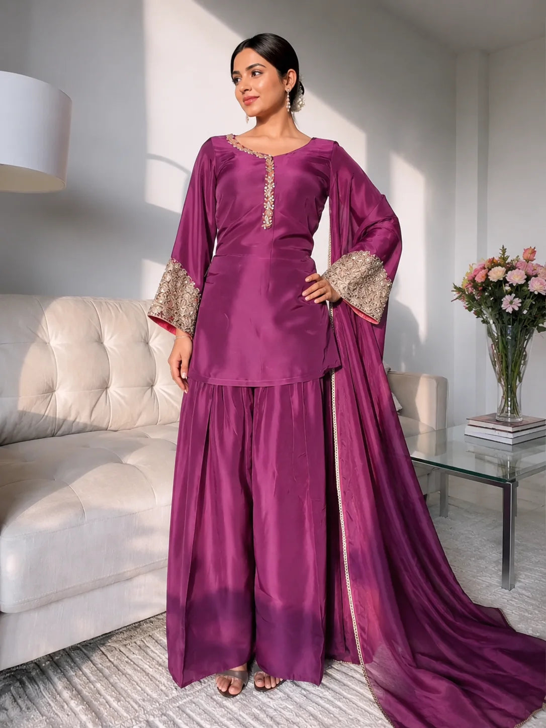 Wine Jacquard Work Embroidered Kurta Pant Set
