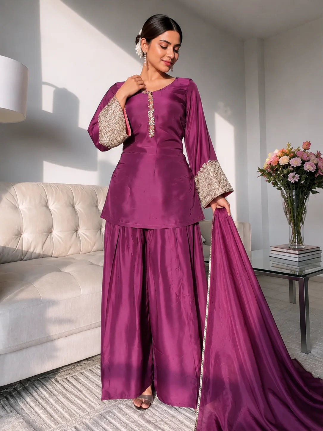 Wine Jacquard Work Embroidered Kurta Pant Set