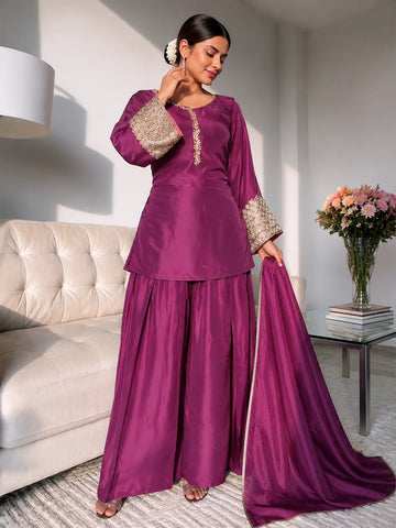 Wine Jacquard Work Embroidered Kurta Pant Set