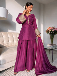Wine Jacquard Work Embroidered Kurta Pant Set