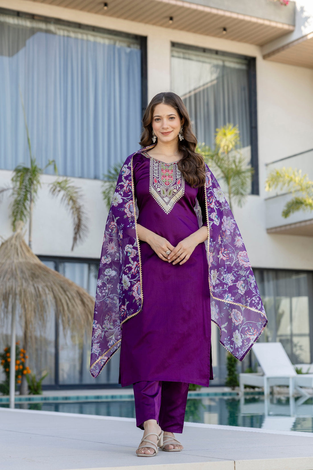 Purple Embroidered Chanderi Cotton Suit Set