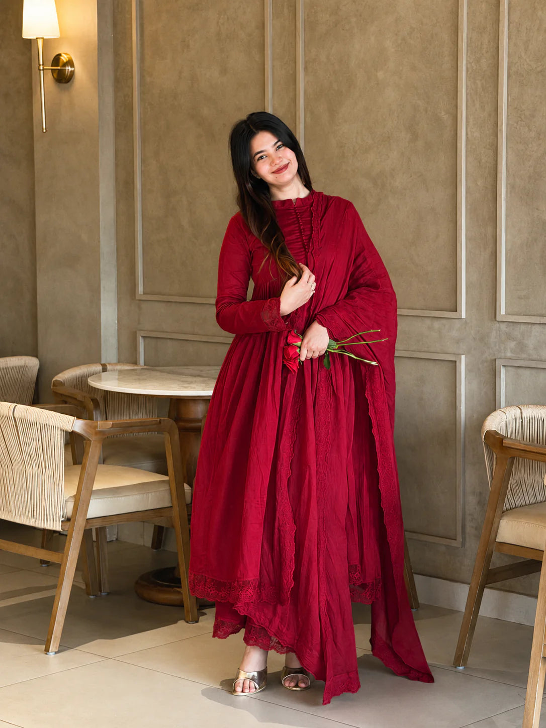 Luxury Embroidered Wine Red Anarkali Set