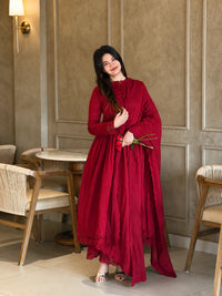 Luxury Embroidered Wine Red Anarkali Set