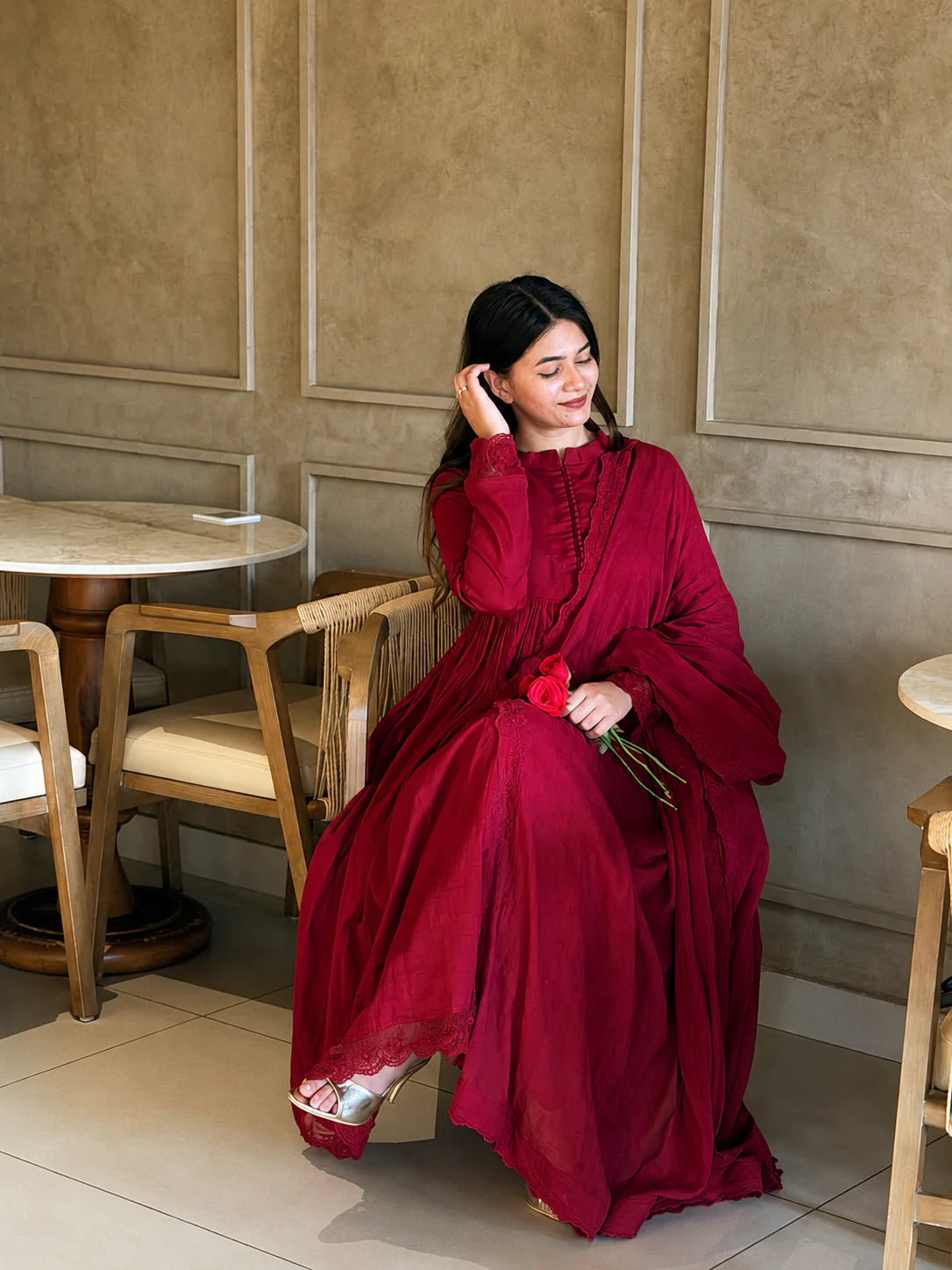 Luxury Embroidered Wine Red Anarkali Set