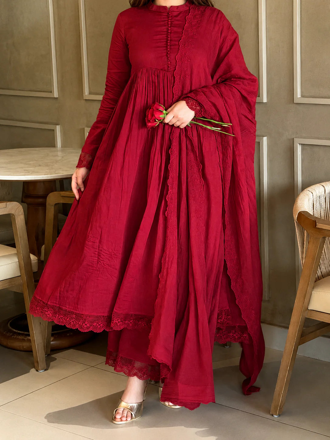 Luxury Embroidered Wine Red Anarkali Set