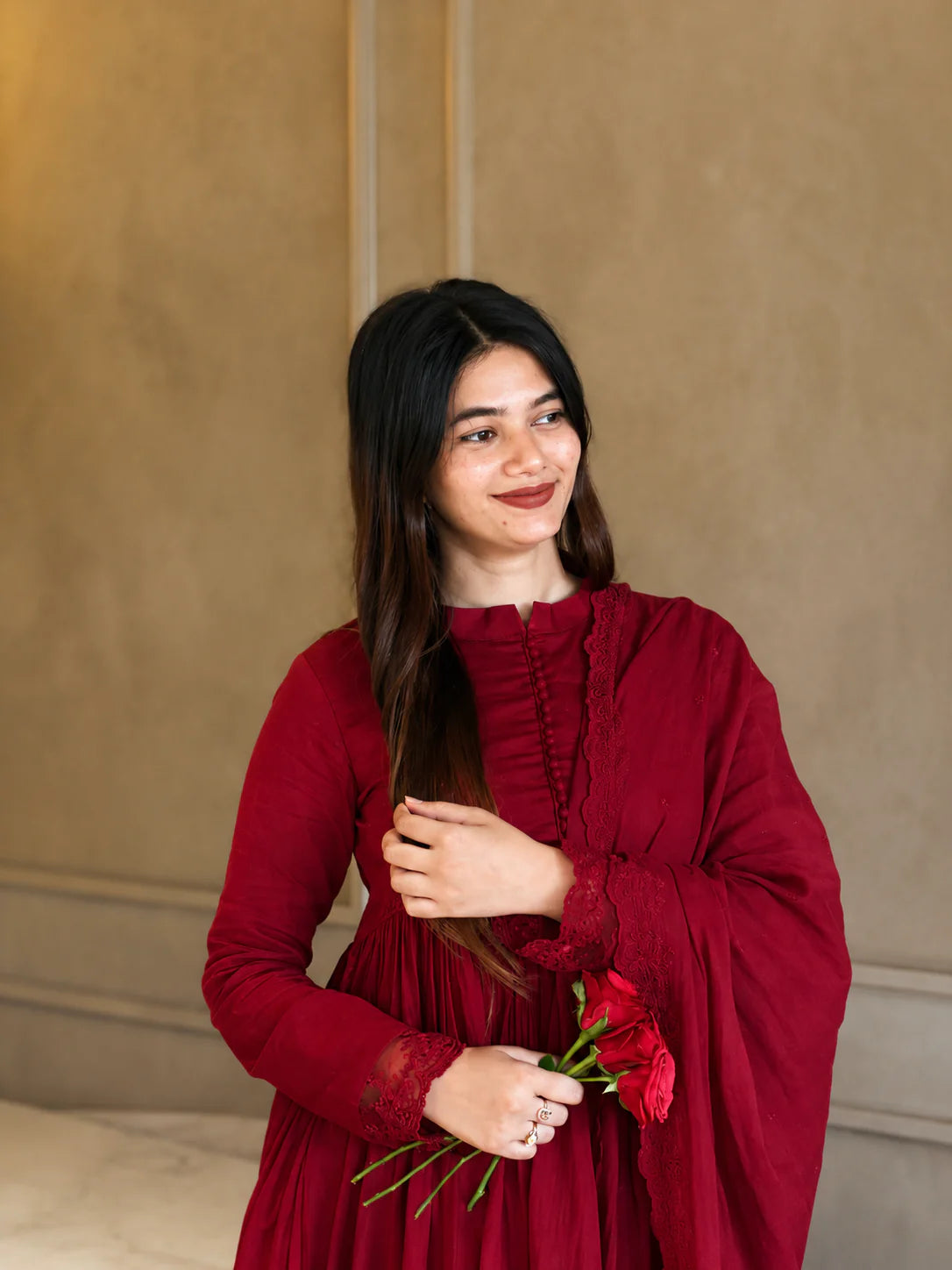 Luxury Embroidered Wine Red Anarkali Set