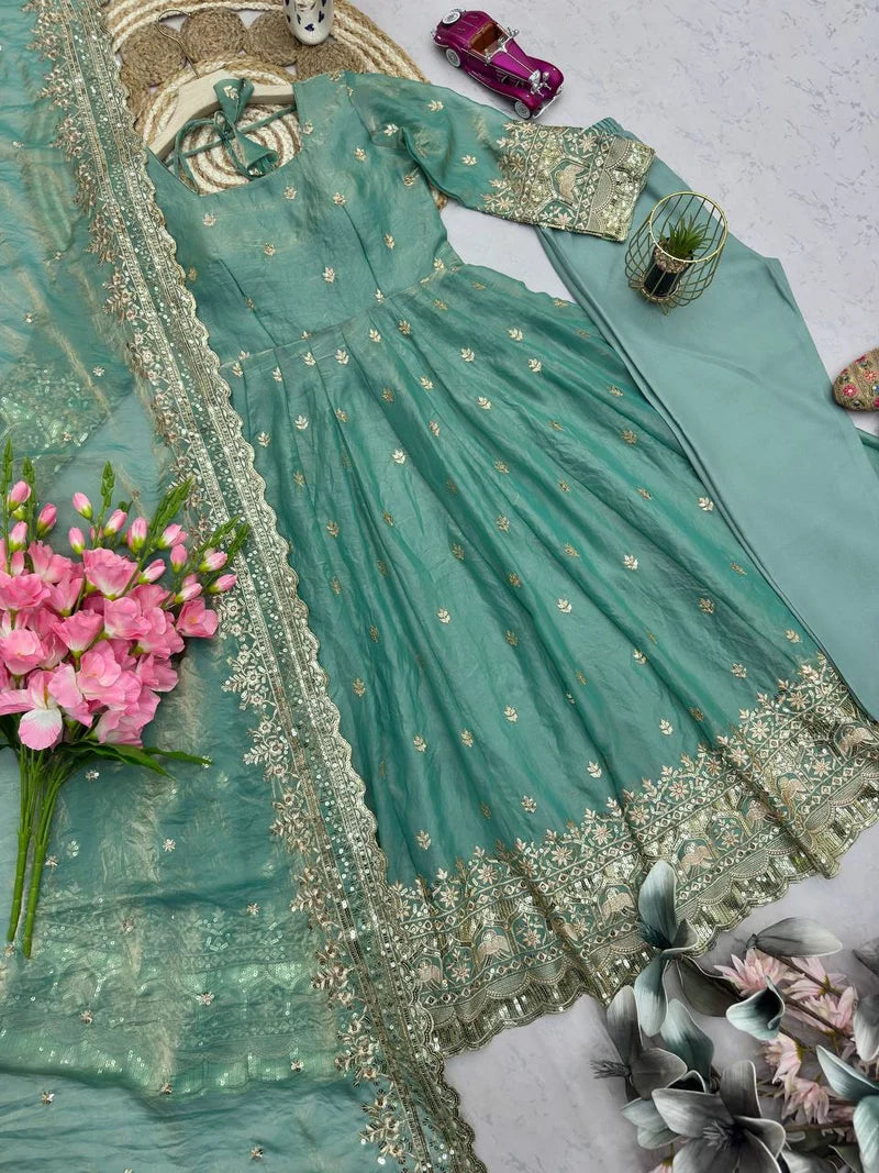 Pistachio Mist Elegant Fandy Silk Anarkali Suit Set