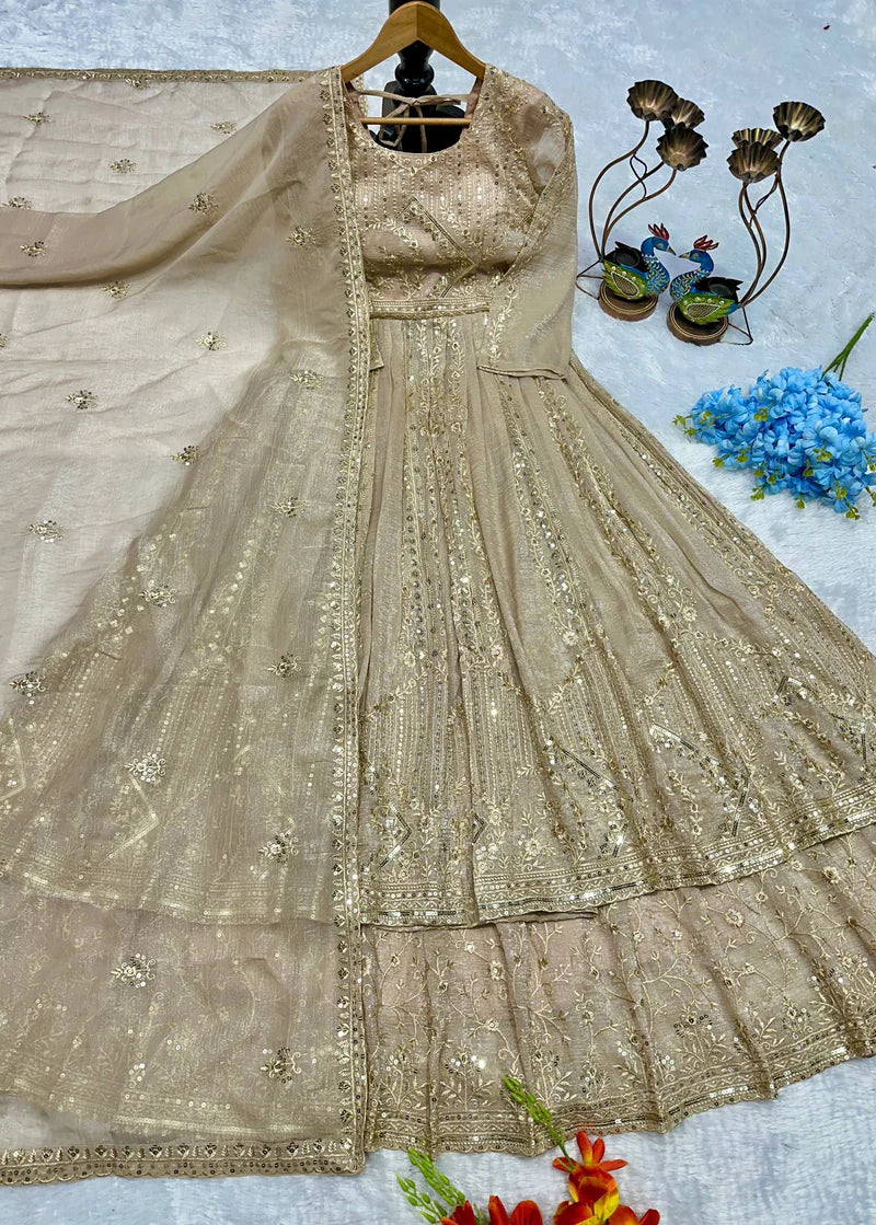 Grey Designer Embroidered Anarkali Suit Set