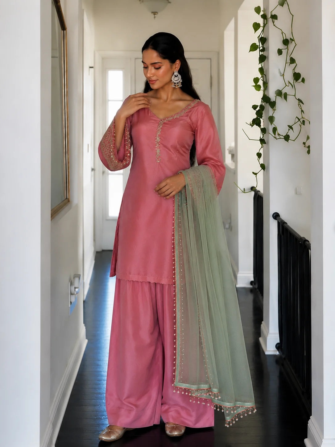 Pink Jacquard Work Embroidered Kurta Pant Set