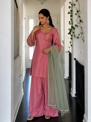Pink Jacquard Work Embroidered Kurta Pant Set