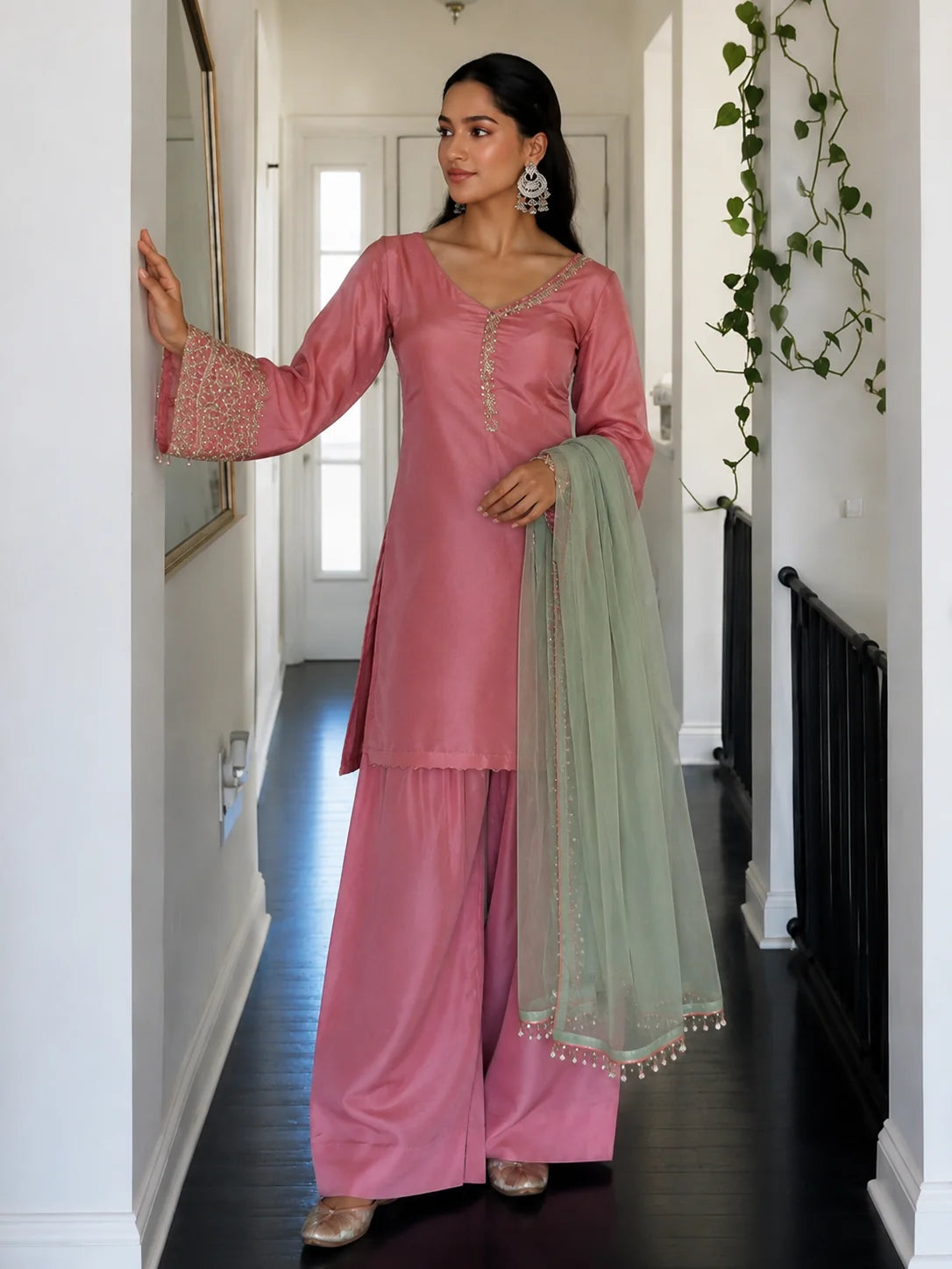Pink Jacquard Work Embroidered Kurta Pant Set