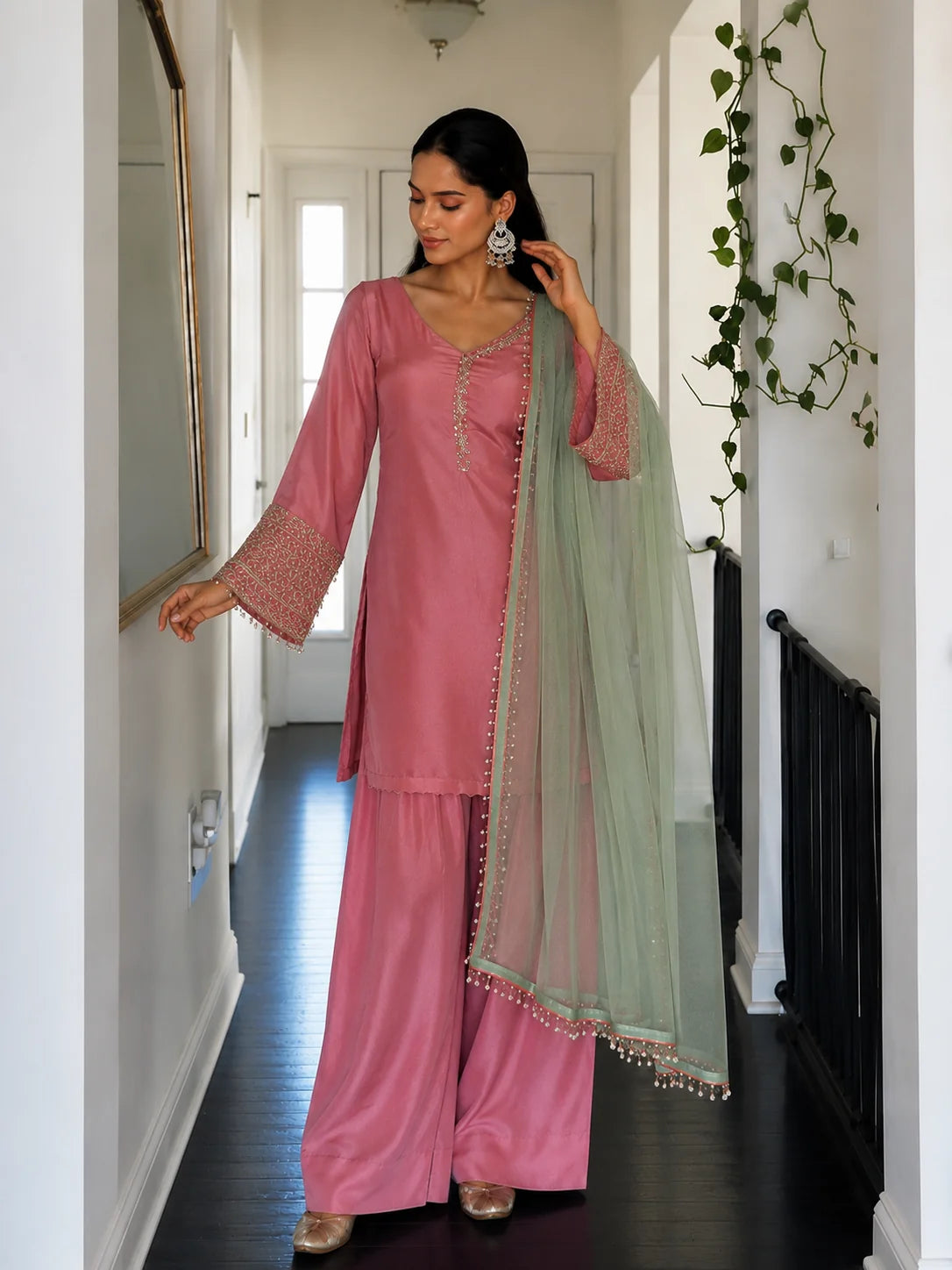 Pink Jacquard Work Embroidered Kurta Pant Set