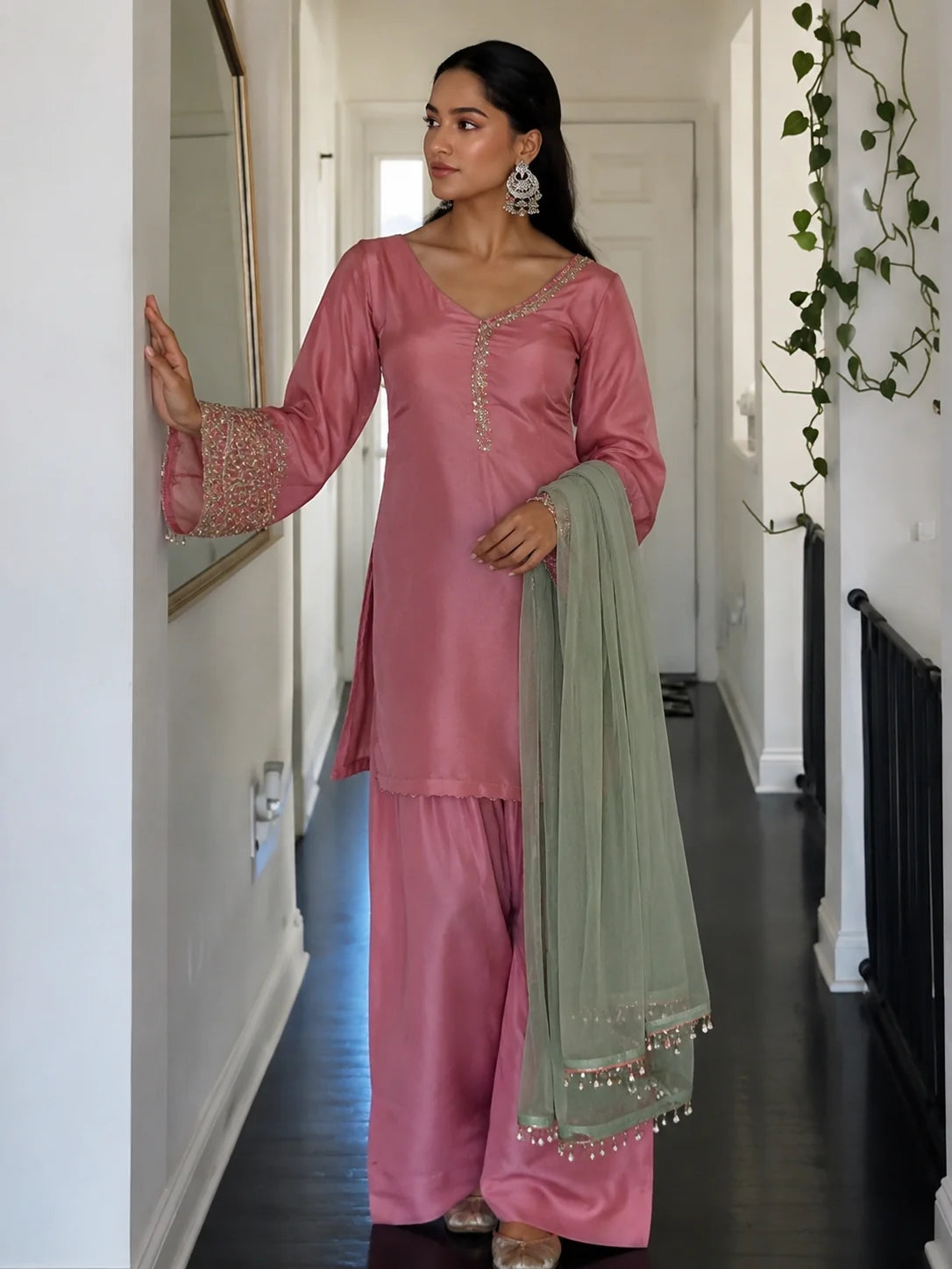 Pink Jacquard Work Embroidered Kurta Pant Set