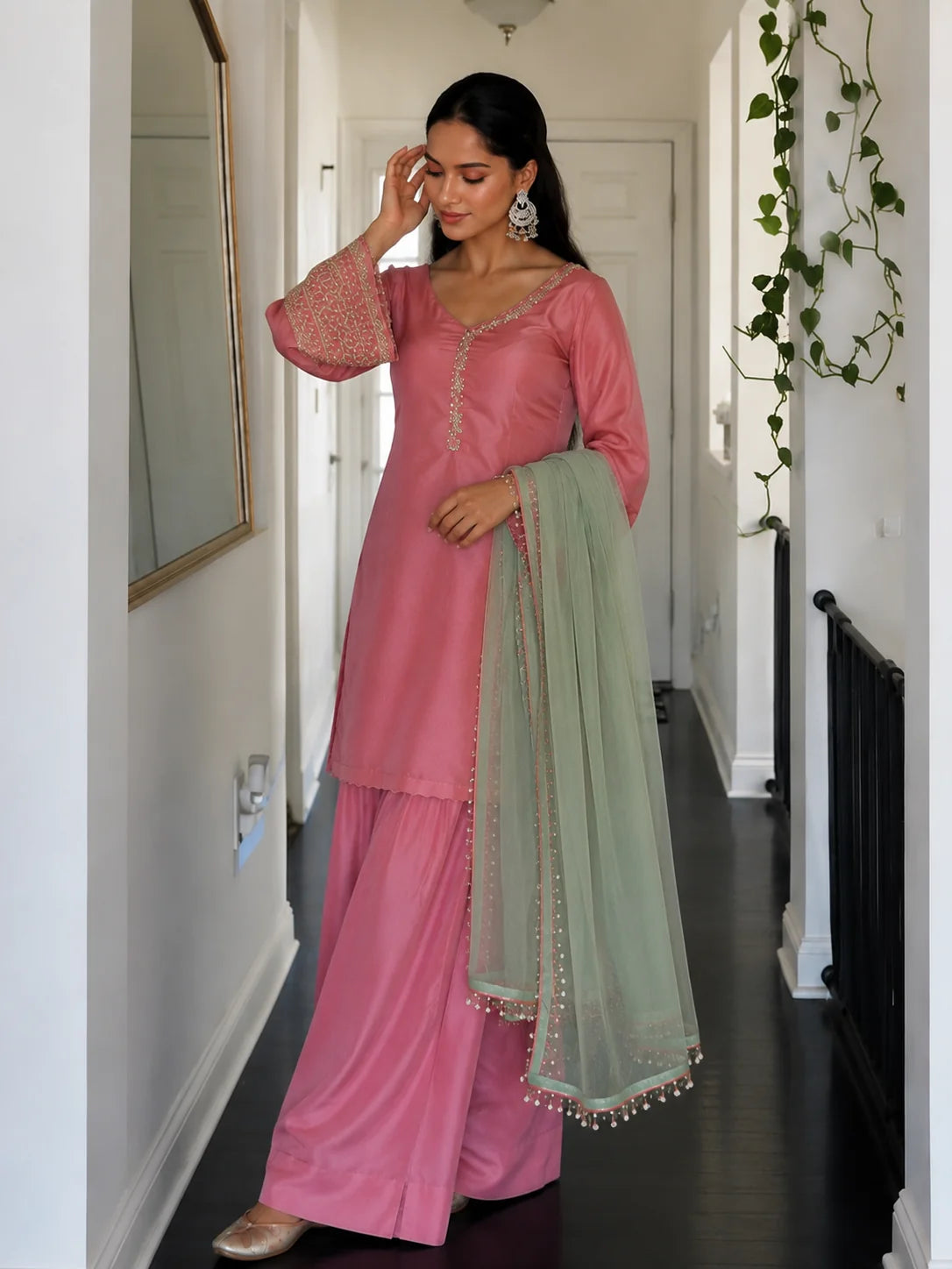 Pink Jacquard Work Embroidered Kurta Pant Set