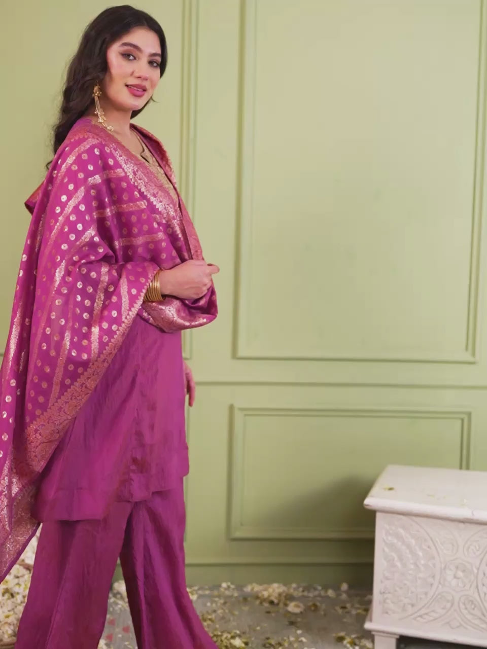 Gajari Pink Silk Embroidered Kurta Palazzo Set