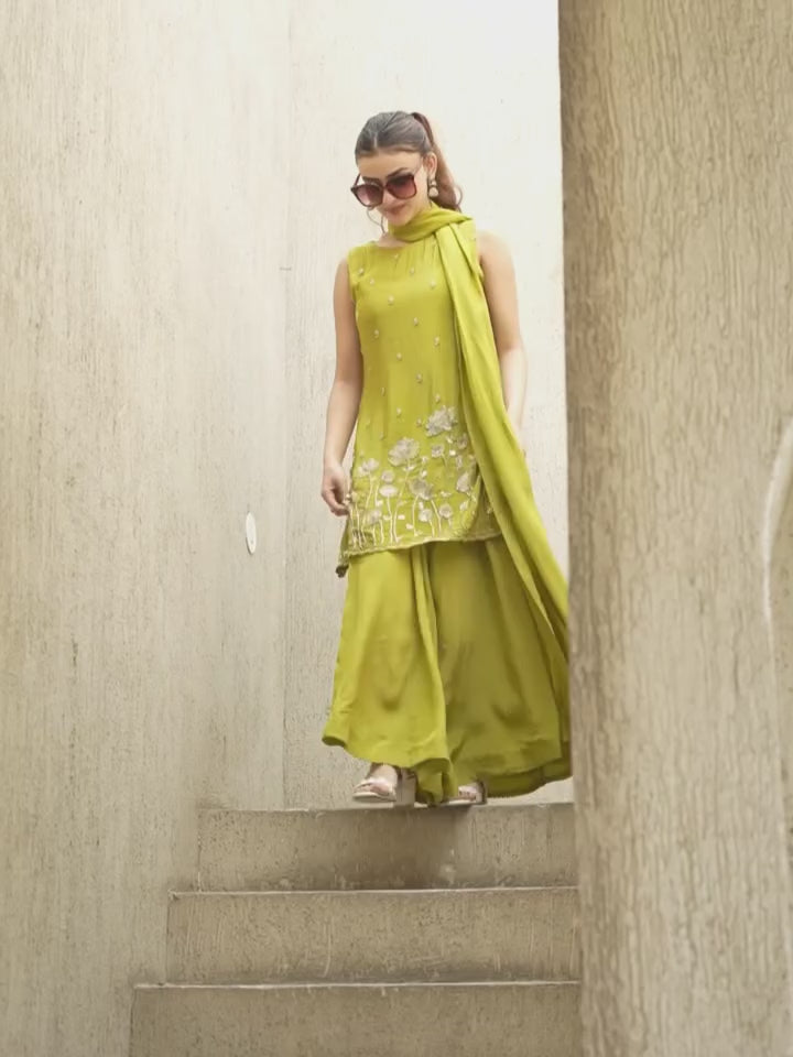 Olive Green Embroidered Sleeveless Sharara Suit Set