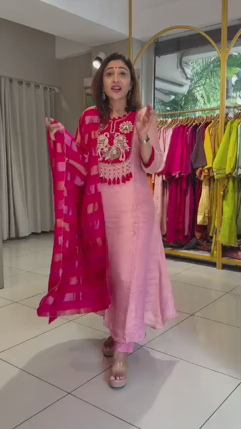 Rose Pink Mul Chanderi Handwork Suit Set