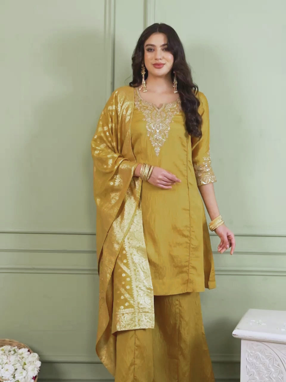 Mustard Yellow Silk Embroidered Kurta Palazzo Set