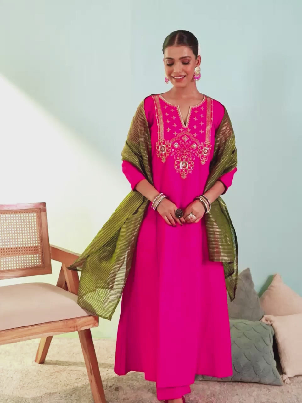 Gajri Silk Embroidered Kurta Pant Set