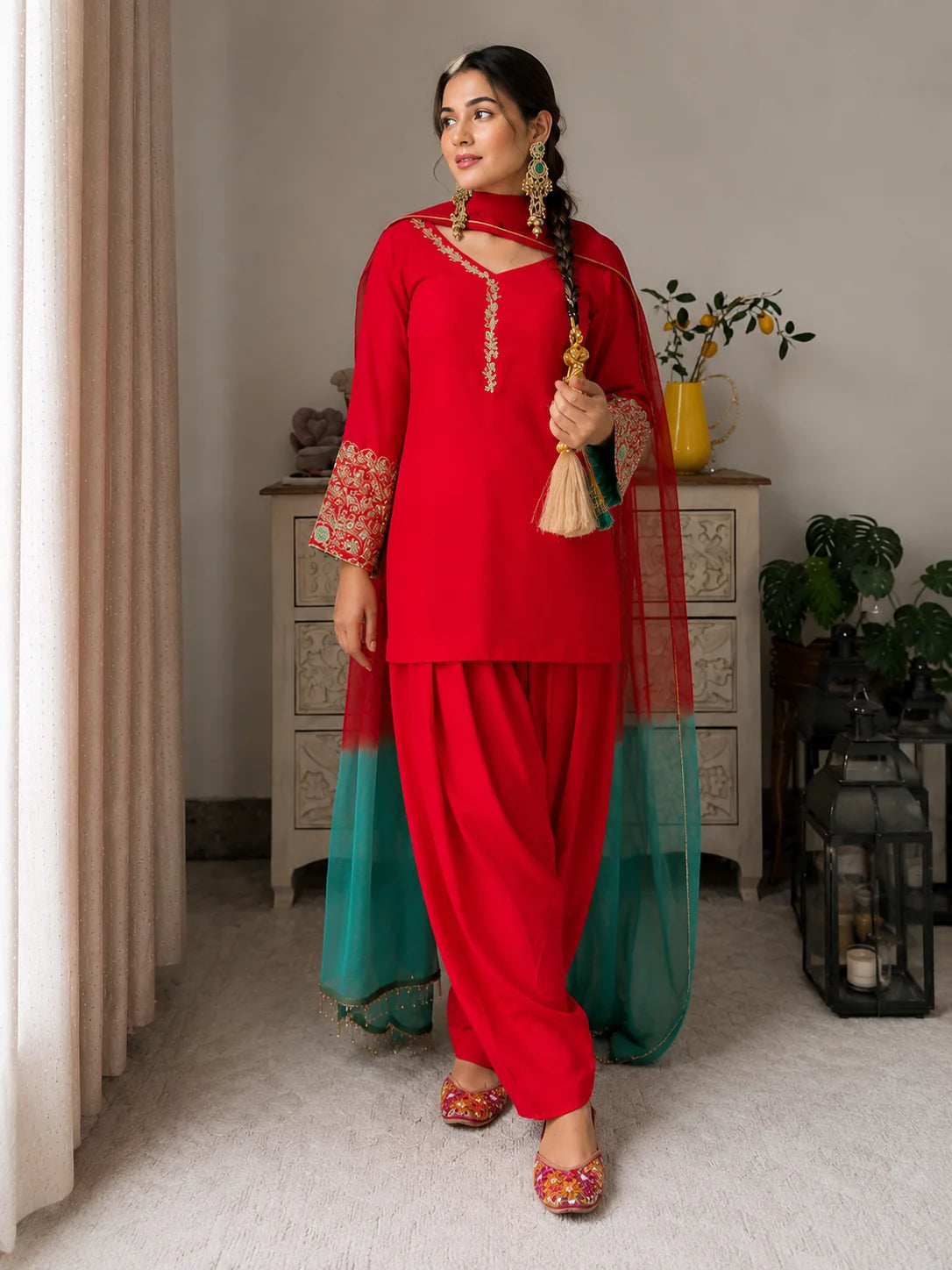 Red Jacquard Work Embroidered Kurta Pant Set