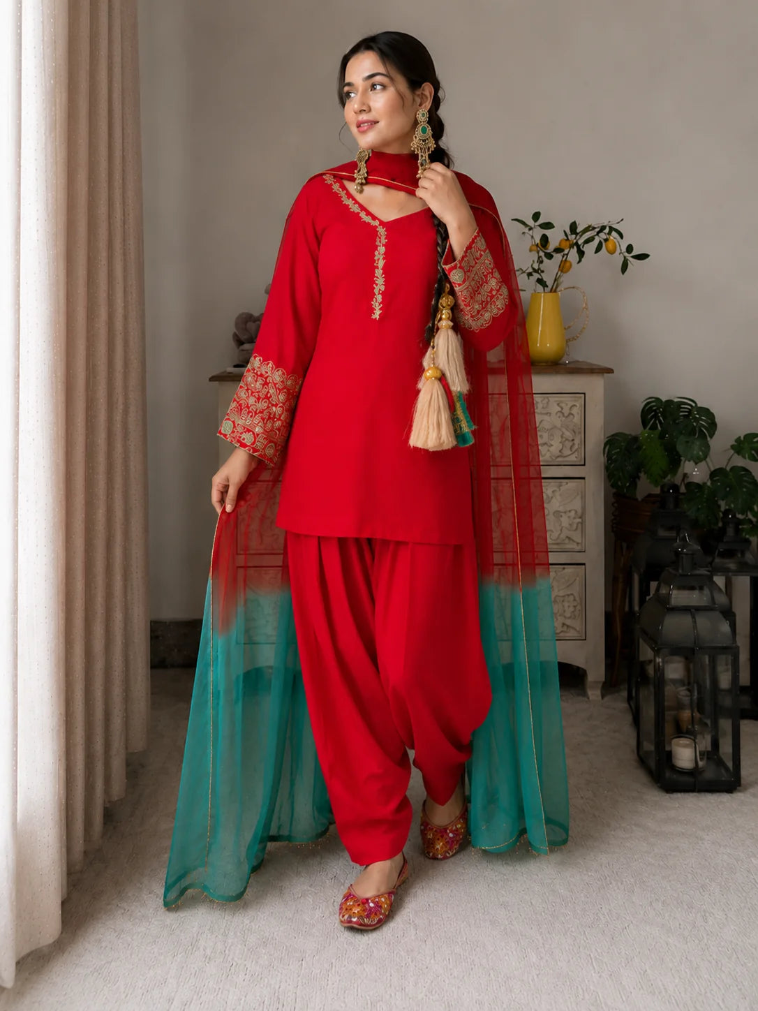 Red Jacquard Work Embroidered Kurta Pant Set