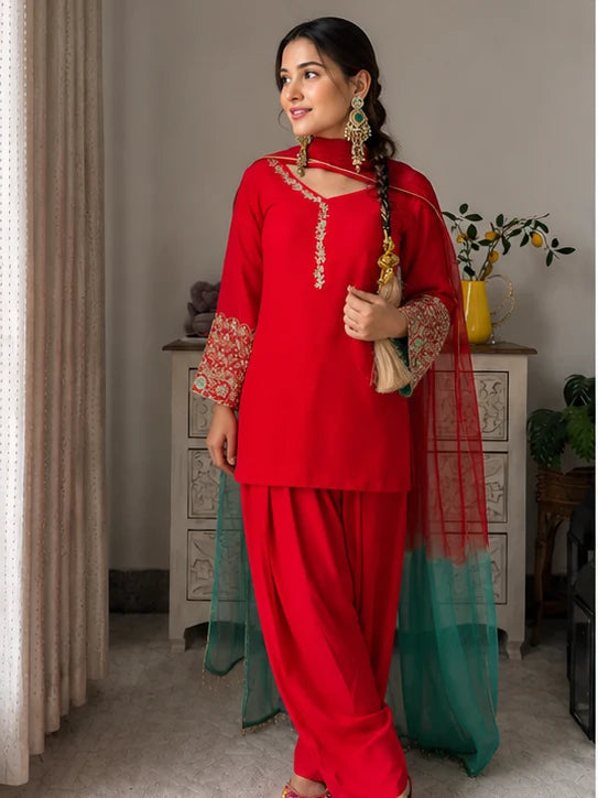 Red Jacquard Work Embroidered Kurta Pant Set