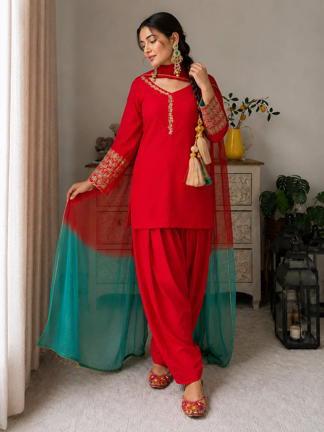 Red Jacquard Work Embroidered Kurta Pant Set