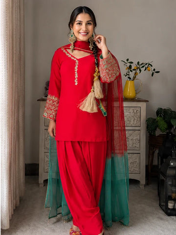 Red Jacquard Work Embroidered Kurta Pant Set