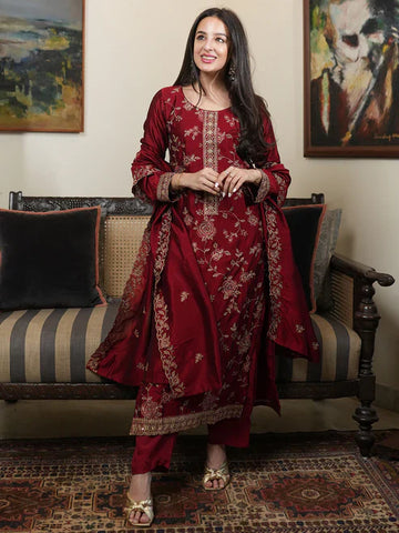 Wine Embroidered Vichitra Silk Suit Set