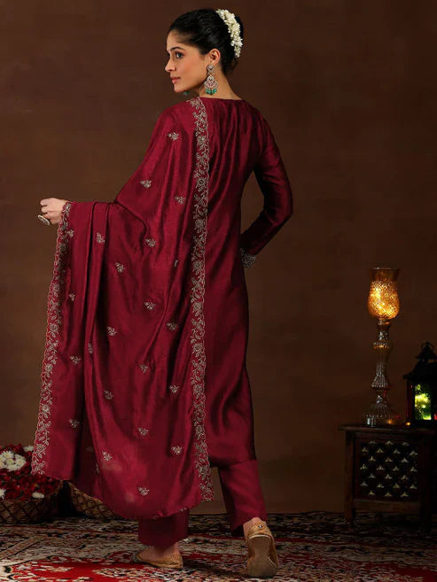 Wine Embroidered Vichitra Silk Suit Set